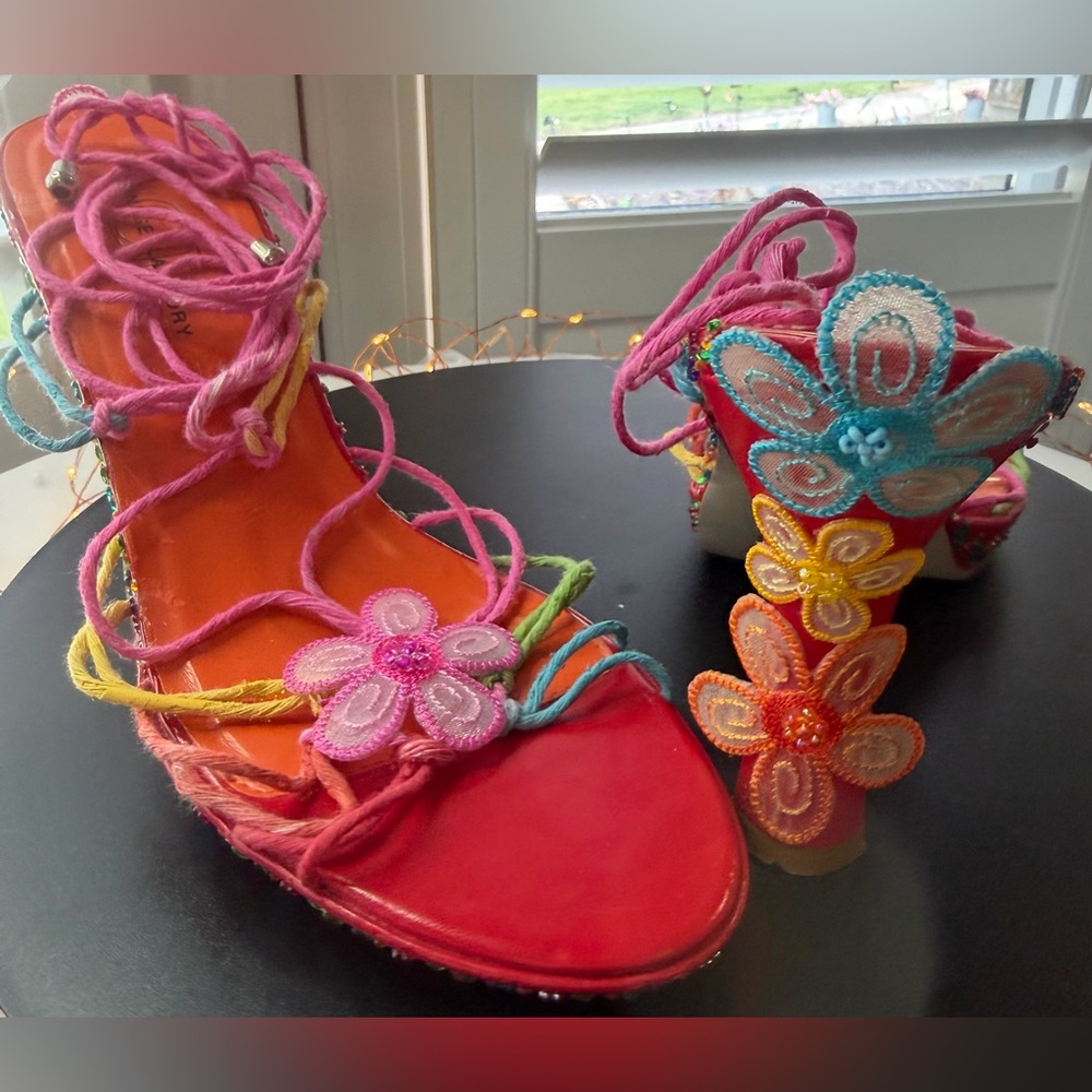 OOAK Bright Lights Strappy Rainbow Gladiator Statement Platform Heels, sz 8.5 - Picture 3 of 17